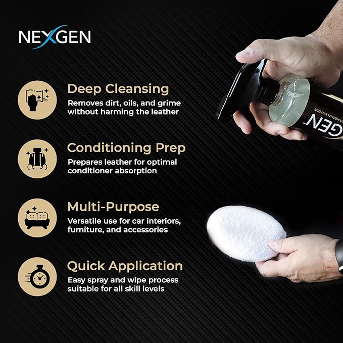 Nexgen Car Leather Cleaner - Quick Spray Car Interior Cleaner and Leather Restorer - Gentle Liquid Formula, Multi-Purpose Cleaner for Cars, Couch, Boots, Purses, and More (16 Oz)