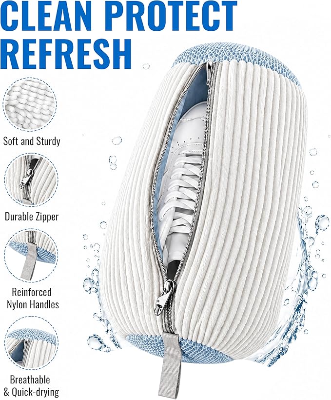 Shoe Washing Machine Bag with Soft Microfiber Bristles, Durable Mesh Laundry Shoe Bag for Sneakers, Reusable Protective Shoe Cleaner Bag with Zipper for Washer & Dryer
