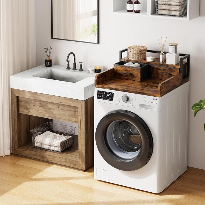 2-Tier Washer Dryer Countertop, Washing Machine Countertwith Shelf and 2 Drawers, Washer and Dryer Topper with High Guardrails, Smooth Edges, for Laundry Hamper Counter Storage Organization