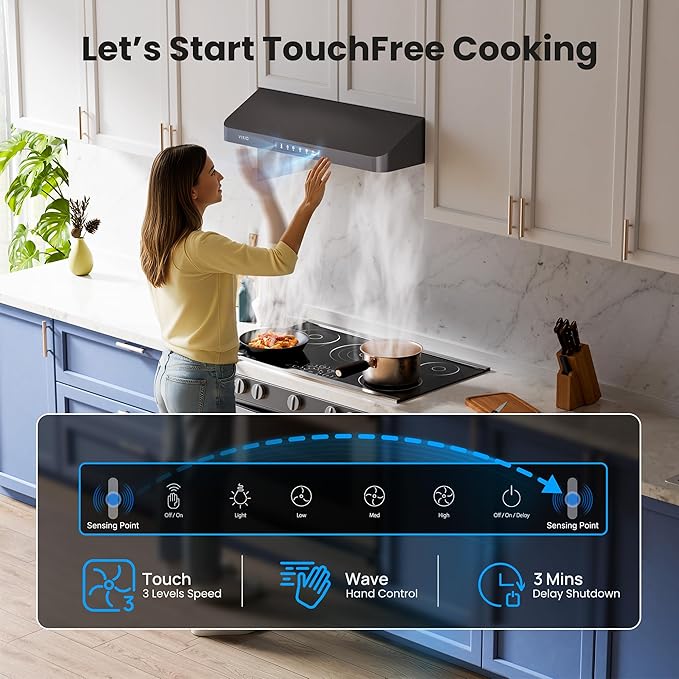 VIKIO HOME Range Hood 30 Inch Under Cabinet, Black Stainless Steel Range Hood With 980 CFM, Three-Speed Gesture & Touch Control, Kitchen Hood With Widened Filter Baffle,Easy Clean Coating,G10 Light