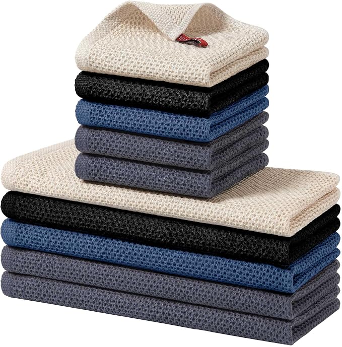 Homaxy 100% Cotton Kitchen Towels and Dishcloths Set, 12 x 12 Inches and 13 x 28 Inches, Set of 10 Bulk Kitchen Towels Set, Ultra Soft Absorbent Dish Cloths for Washing Dishes, Grey/Beige/Blue/Black