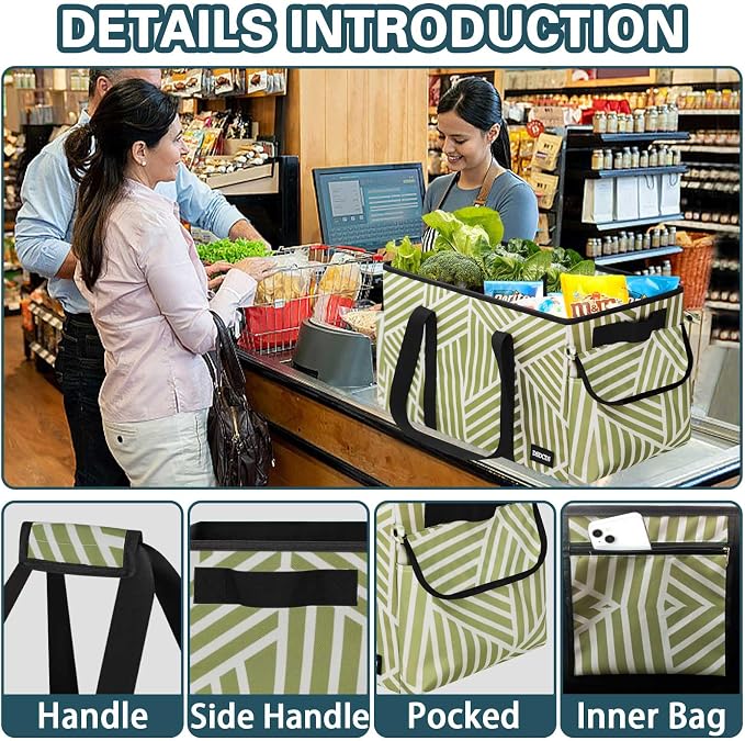 Standing Extra Large Utility Tote Bag with Hard Bottom & Hard Sides, Heavy Duty Reusable Grocery Bags with Handles & 3 Pockets for Shopping, Picnics, Camping, Laundry, Car, Beach Tote Bag