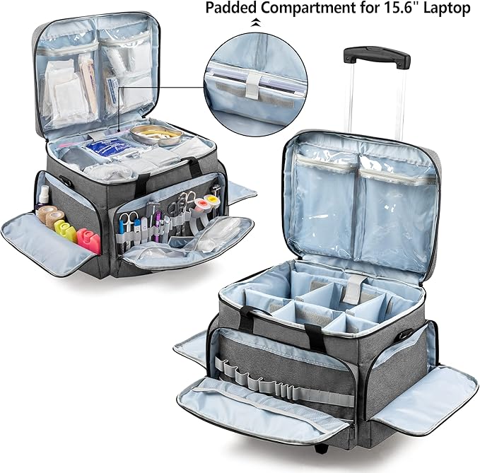Trunab Rolling Medical Bag with Detachable Trolley, Nurse Rolling Bag with Removable Dividers 15.6" Laptop Sleeve, First Aid Responder Bag Empty for Home Health Nurses, Doctors, EMT, EMS