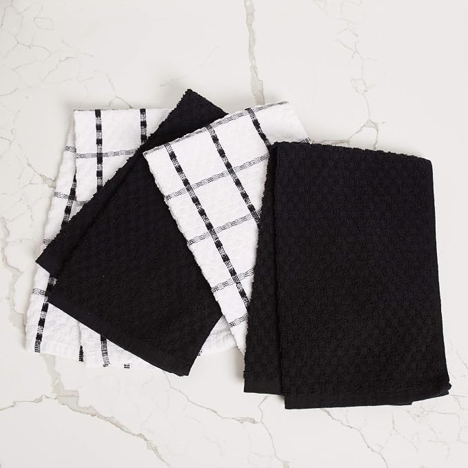 Kitchen Towels - Dish Towels and Dish Cloths - Hand Towel and Dishcloths Sets - 100% Soft Ring Spun Combed Cotton - Great for Cooking in Kitchen or Household Cleaning - Size 15" x 25" (Black, 12)