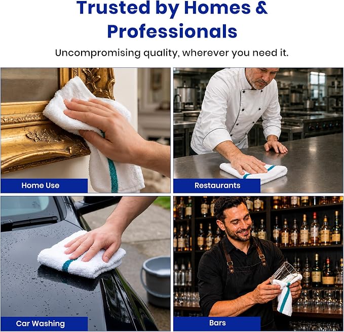 Bar Mops Pack of 24 (14" x 19") - 100% Cotton Cleaning Rags for Housekeeping - Thick, Absorbent & Reusable Bar Towels for Cleaning House & Restaurant - Kitchen Towels Bulk (Green Stripe)