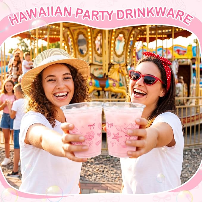 Tanlade 60 Pcs Ocean Party Plastic Cups 12 oz Pink Bow Seashell Starfish Coastal Nautical Sea Theme Disposable Cups for Baby Shower Summer Theme Birthday Wedding Party Supplies Decorations