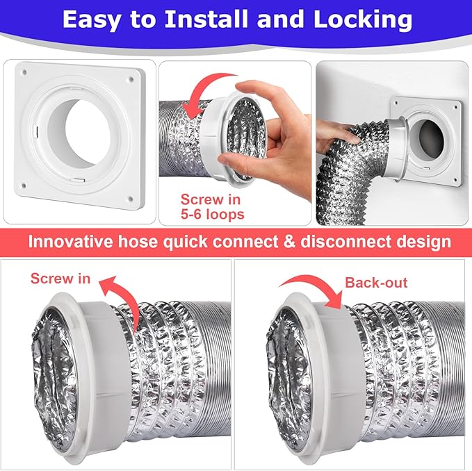 Dryer Vent Hose Connector Kit, Dryer Vent Wall Plate with Hose(4 inch 8 feet), Dryer Duct Connector with Quick Connect & Disconnect, Covers Area 7inch x 7inch, Fits 4 Inch, for Dryer Washer Bathroom