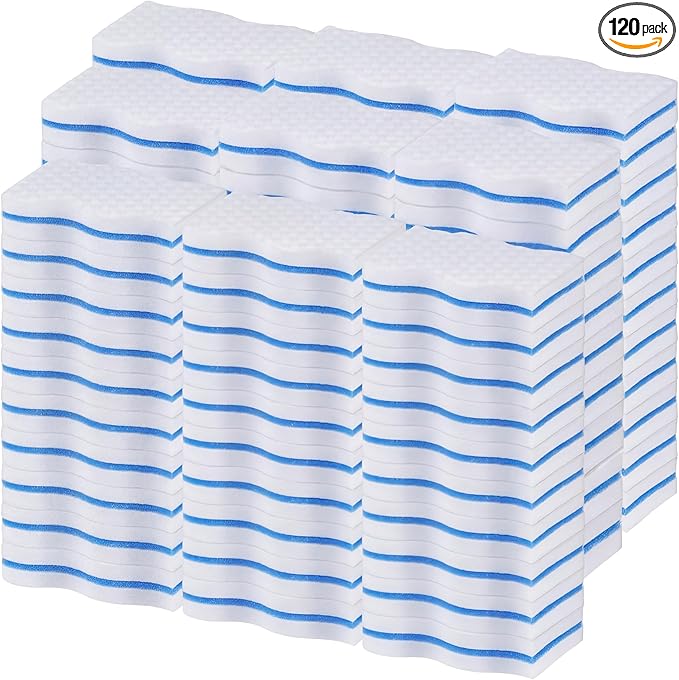 SiliFine 120 Pack Magic Extra Durable Sponge Eraser 3 Layer Density Cleaning Pads in Bulk Thick More Lasting Sponge Eraser for Bathroom Kitchen Floor Bathtub Toilet Cleaner (Blue and White)