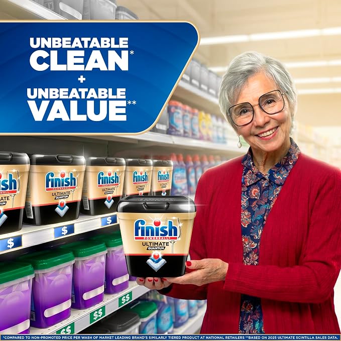 Finish Ultimate Quantum Infinity Shine Dishwasher Pods, New & Improved Formula, Dishwasher Detergent Dish Soap, Removes Burnt-On & Dried-On Stain, Fresh Scent, 62 Count