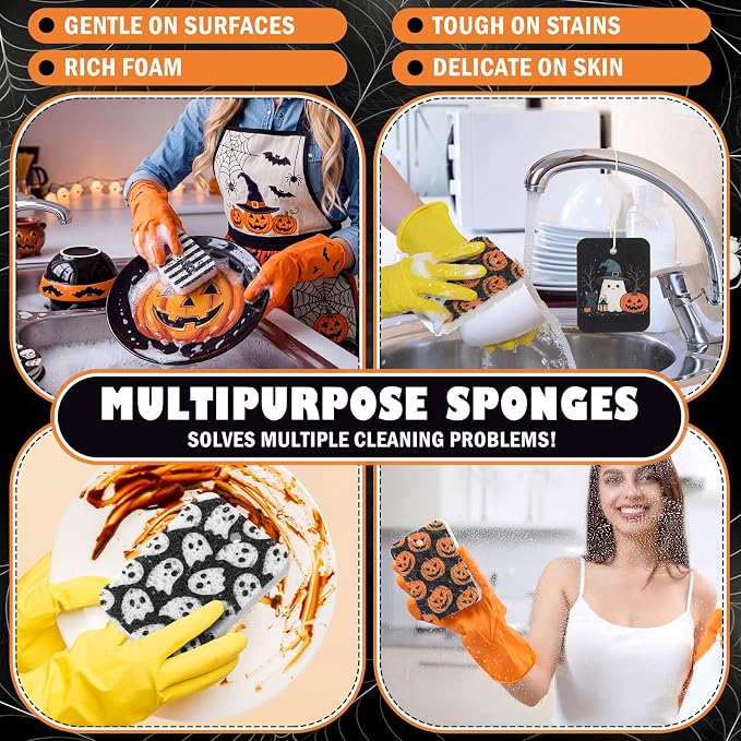 Hahafelt 36 Pack Halloween Compressed Cellulose Sponges Bulk Pop up Ghost Pumpkin Skull Kitchen Sponges Natural Kitchen Compostable Non Scratch Dish Tools for Washing Dishes Cleaning Countertop Sink