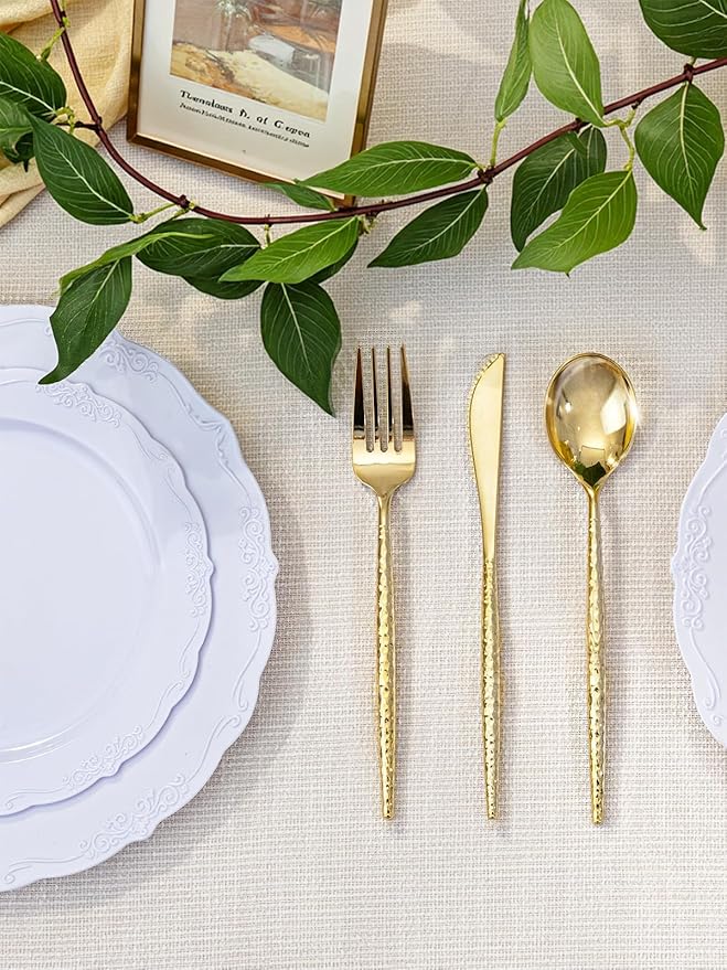 U-QE 60 PCS Gold Plastic Spoons - 7.7 Inch Hammered Heavy Duty Plastic Spoons - Elegant Gold Plastic Silverware - Perfect for Parties & Weddings and Other Daily Events