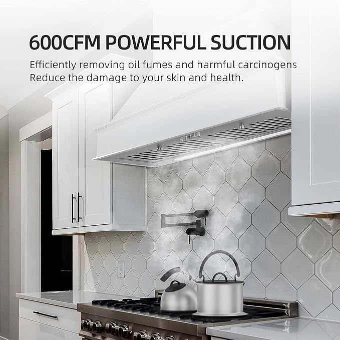 FIREGAS Range Hood Insert 30 inch, 600 CFM Ducted/Ductless Convertible Kitchen Hood with LED Light, Built-in Vent Hood with 3 Speed Exhaust Fan, Baffle Filters, Stove Hood with Carbon Filters