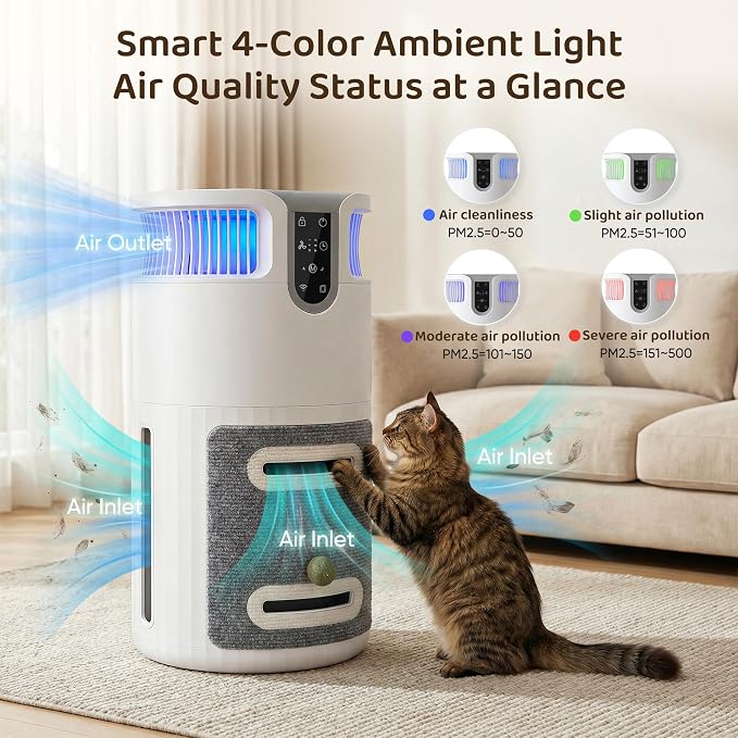 Greesum Pet Air Purifier for Cats, 320m³/h CADR Smart Air Cleaner with Cat Scratcher & Catnip Ball, 4-Color PM2.5 Indicator, App Control, Child Lock, Washable Body, Odor & Pet Hair Removal for Home