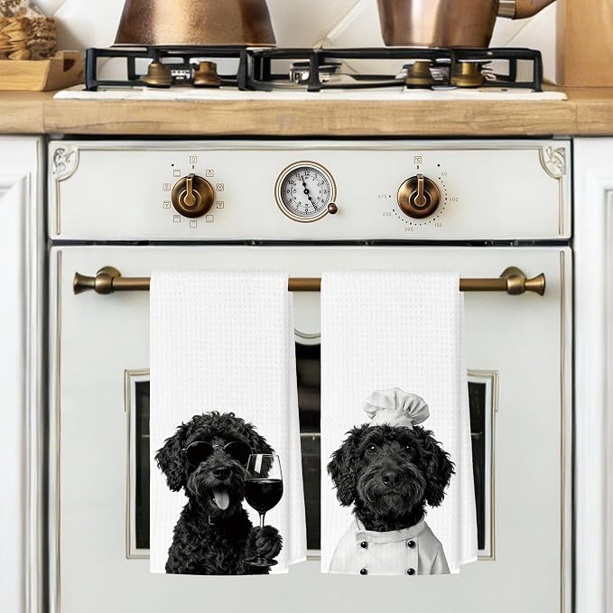 Funny Portuguese Water Dog Kitchen Towels Set of 2, Dog Kitchen Bar Accessories, Chef Gifts for Women Decorative Hand Towels for Kitchen Decor, Dogs Lovers Dish Tea Towel, 16x24 Inch