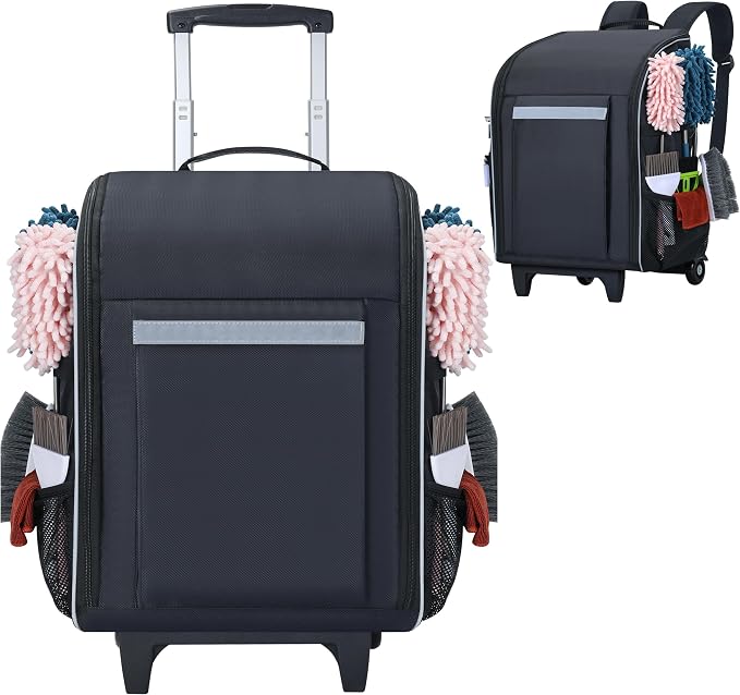Rolling Cleaning Caddy Backpack with Wheels, Large Capacity Cleaning Supply Organizer Bag with Detachable Trolley & Backpack Strap, Water-Resistant Cleaning Bag for Houskeeper Cleaner