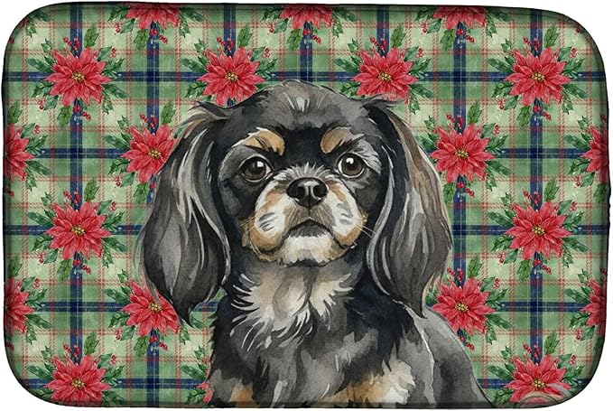 Caroline's Treasures Black and Tan Tibetan Spaniel Christmas PoinsettIas Dish Drying Mat Absorbent Dish Drying Mat Pad for Kitchen Counter Dish Drainer Mat for Countertop, 14 x 21", Multicolor