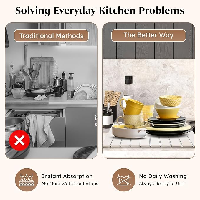 Stone Dish Drying Mat for Kitchen Counter 24"x16" – Natural Diatomaceous Earth Quick Dry Mat – XL Heat Resistant Countertop Protector – Absorbent Kitchen Accessory for Home or Gift Use