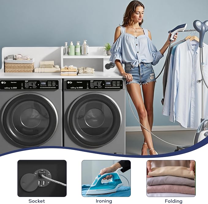 DTK Washer Dryer Countertop with Charging Station, 2 Tier Laundry Countertop with Anti-Slip Strips, 27.55" Depth x 54" Width, Wood Dryer Cover with Shelf,White (White)