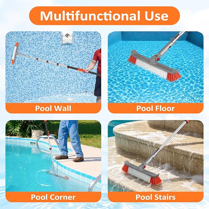 16FT Pool Brush with Pole, 19" Heavy Duty Swimming Pool Brush with 4-16FT Aluminum Telescopic Pole, Pool Scrubber Brush Head with Universal Adapter for Cleaning Pool Walls, Corners, Floors