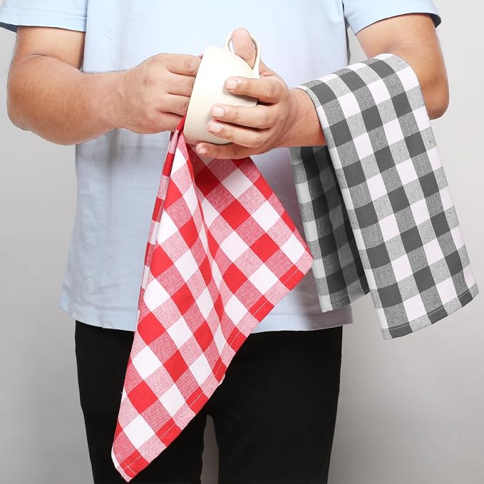 Gingham Buffalo Check Kitchen Towels, 4 Pack, 16x26 Inches, 100% Cotton - Super Absorbent, Quick Drying, Hand Towels for Drying Dishes, Dish Cleaning Towels with Hanging Loop, Multi