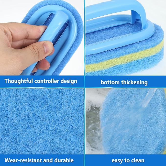 4 Pack Hand Held Pool Scrub Brush - Heavy Duty Pool Cleaning Scrubbing Sponge Pad - Thick Durable Foam for Swimming Pools Spa Bathtub Tile Cleaner with Comfort Grip Handle