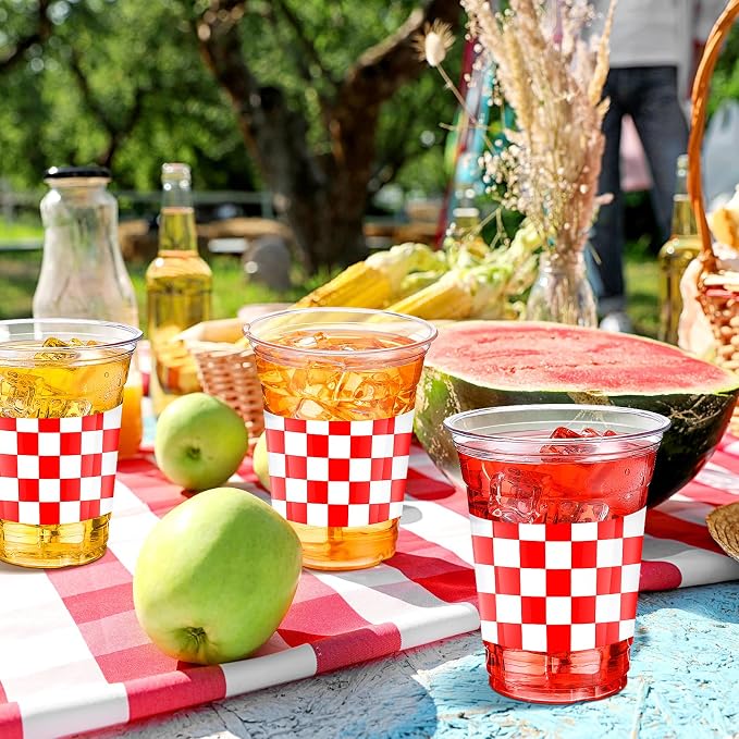 SiliFine 50 Pcs 12 oz Red Checkered Plastic Cups Clear Disposable Gingham Plaid Party Cups for She's Ready to Pop Baby Shower Decorations Birthday Barbecue Party Supply