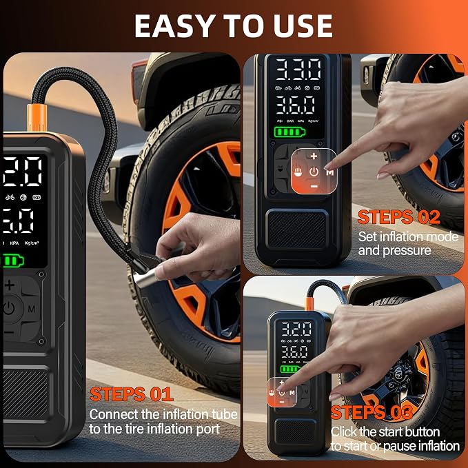 Y34 Tire Inflator Portable Air Compressor,4X Faster Inflation,8000mAh Cordless/12V DC 150PSI Air Pump with Digital Pressure Gauge for Car,Motorcycle,Bike,Ball Gifts for Him
