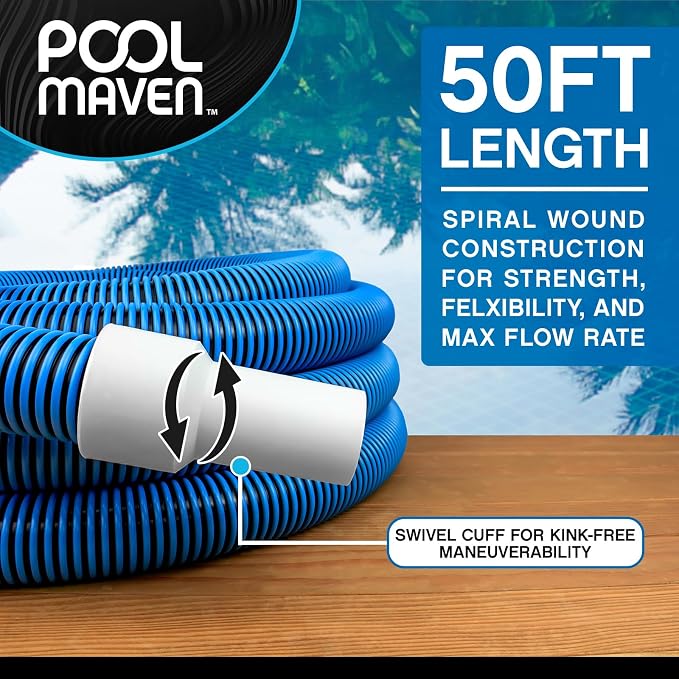Heavy-Duty Manual Pool Vacuum Hose, 50 Ft x 1-1/2”, Kink-Free Swivel Cuff, Professional Grade Spiral-Wound Design, UV & Chemical Resistant for Inground & Above Ground Pools, Made in USA
