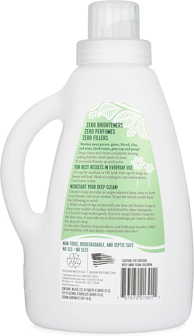 Charlie’s Soap Laundry Liquid (50 Loads, 1 Pack) Natural Deep Cleaning Hypoallergenic Laundry Detergent – Safe, Effective and Non-Toxic