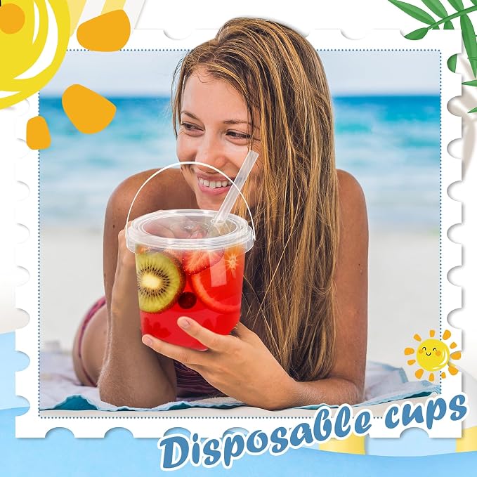JarThenaAMCS 50Pcs Clear Plastic Cups with Lids & Straws 24 Oz Drink Bucket with Handle Disposable Cocktail Pails for Beach Pool Birthday Baby Shower Party Supplies