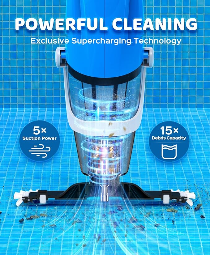 Pool Vacuum for Above Ground Pool with a Telescopic Pole, 80Mins Runtime, Handheld Rechargeable Pool Cleaner with 18.5 Gallons/min Powerful Suction for Above Ground/Inground Pools, Hot Tubs, Spas