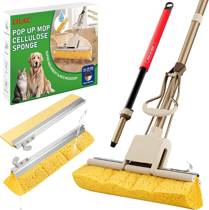 LILAC Cellulose Sponge with 2 Replacement Sponge Heads, 4-Color Handle Choices for Zoned Cleaning, Super Absorbent Pop Up Roller Mop Sponge for Hardwood,Laminate Floors (red Hand)