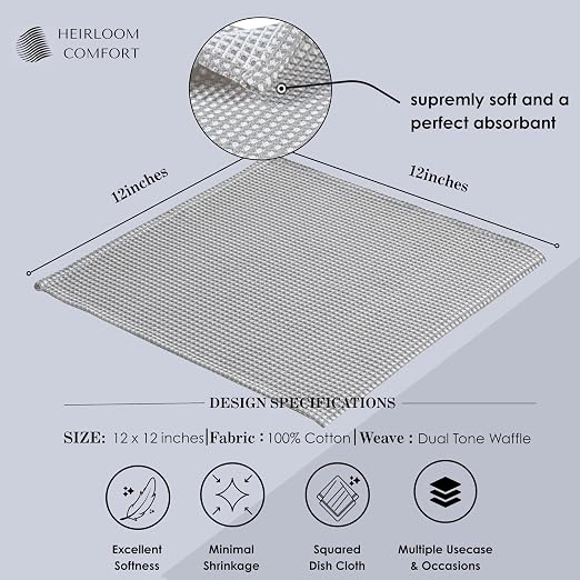 12 Pack Dual Reversible Waffle Weave Dish Cloth, 12x12 Inch, 100% Cotton, Absorbent Dishcloth Set, Quick Dry, Soft for Cleaning, Wiping, Hand Towels, Dish Rags, Durable, Ash Grey