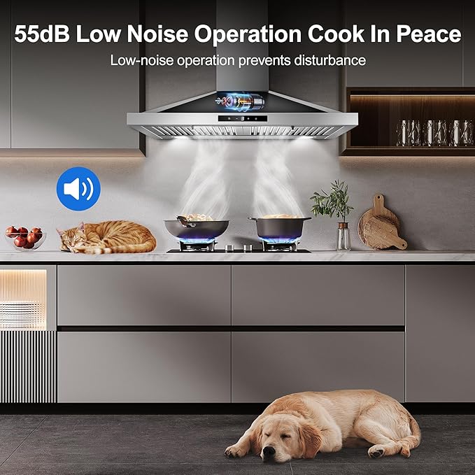 Tieasy Range Hood 30 inch, Vent Hoods 30 inch Stainless Steel, 450 CFM Ductless/Ducted Convertible Kitchen Hood with LED Light Baffle Filters, 3 Speed Exhaust Fan,Touch Control