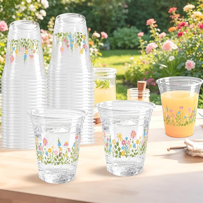 100 Sets Flower Daisy Plastic Cups 12 oz Floral Disposable Cups Spring Daisy Party Favor Drinking Beverage Cup for Baby Shower Birthday Party Supplies