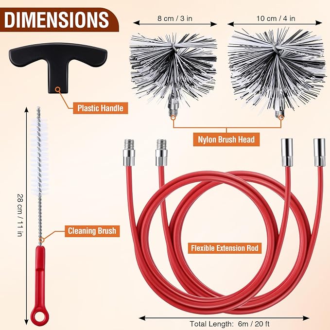 Feekoon Pellet Stove Cleaning Kit, 20 FT Flexible Steel Rod with 3" & 4" Brush Head, Flue Detail Cleaner, Pellet Stove Accessories for Vent Pipes Cleaning - Reduce Buildup & Improve Airflow