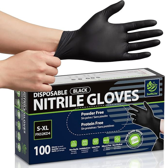 SWIFTLITE Disposable Nitrile Gloves Black, Food Safe Rubber Gloves Latex-Free Powder-Free for Cooking Food Prep Kitchen Clean
