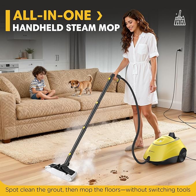 Heavy Duty Steam Cleaner, 1500W High-Temperature Mop with 26 Accessories, 1.4L Portable Tank, Chemical-Free Cleaning for Floors, Tiles, Cars & More, Child Lock for Safety, Easy Operation（Yellow)