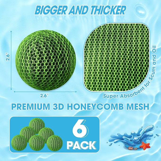 Hot Tub Scum Absorber, Spa & Pool Scum Eliminating Balls,Hot Tub Scum Balls,Scum Sponge for Spa Hot Tub, Hot Tub Accessories, Oil Absorbing Sponge for Hot Tub Skimmer (Green-6 Pack)