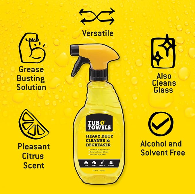 Tub O' Towels Heavy-Duty Cleaner & Degreaser Spray, 24 oz – Multi-Surface Cleaner for Grease, Oil, Tar, Paint, Dirt, Caulk, Grime & Adhesive Residue – Citrus Scent – Made in USA