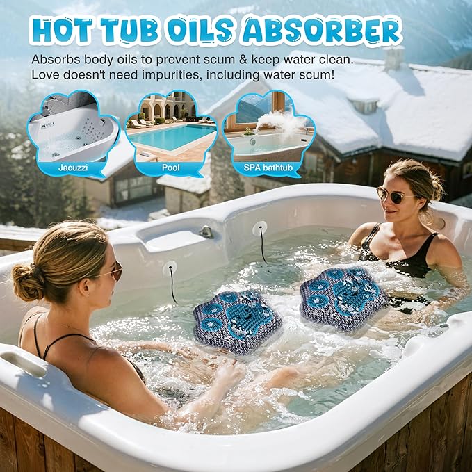 Ray Hot Tub Scum Absorber - Reusable Stingray Floating Spa Sponge & Oil Remover with Optional Tether - Washable Devilfish Oil Absorbing Sponge for Jacuzzi, Pool, and Bath (Paw 2 Pack)