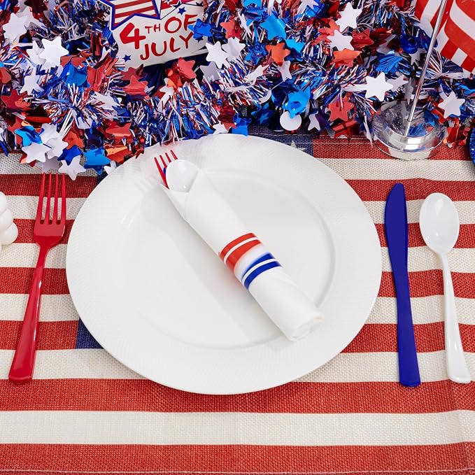 Liacere 400PCS 4th of July Pre Rolled Silverware and Napkin-Disposable Utensils-Wrapped Plastic Patriotic Cutlery Set,100 Red Forks,100 Blue Knives,100 White Spoons,100 Napkins for Independence Day