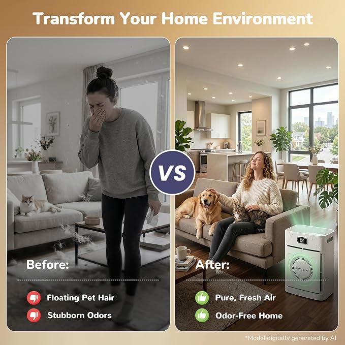 Pet Hair Air Purifier with Double-Sided Washable H13 HEPA Filters for Home Large Room up to 2500 Sq Ft, Air Cleaners for Hair Dander Odor Smoke, App Control, White