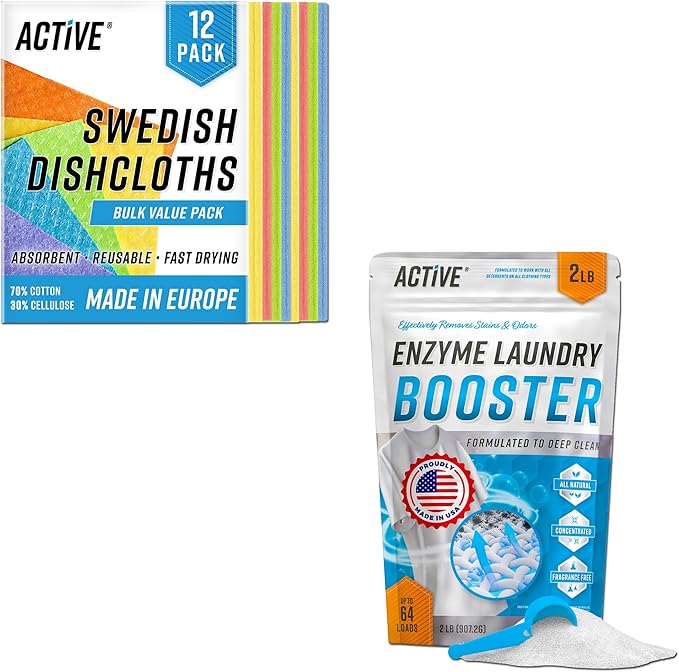 ACTIVE Swedish Dishcloths and Enzyme Laundry Booster - Includes 12ct Cellulose Sponge Cloths and 2lb Enzymatic Laundry Booster Powder