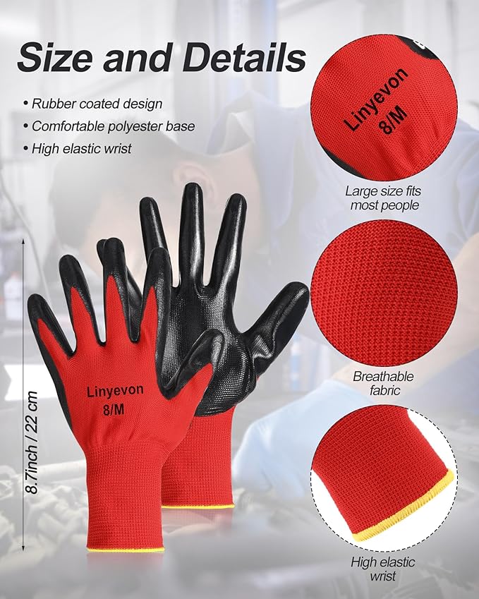 Maxcheck PU Coated Gloves Bulk, Reusable Rubber Safety Gloves for Men Women Work Warehouse, Mechanic, Woodworking