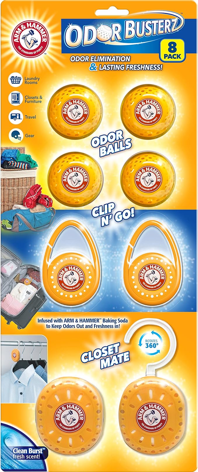 Arm & Hammer 10-Pack Odor Busterz Deodorizing Balls and 8-Count Odor Eliminator Collection with Spheres, Clip N' Go's, and Closet Mates