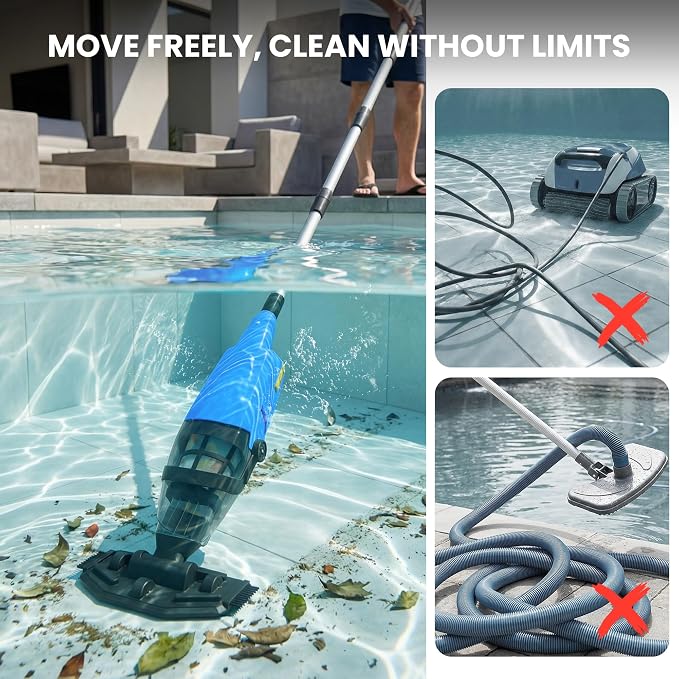 Handheld Pool Vacuum for Above Ground Pool, 18 GPM Powerful Suction, 60 min Runtime, 120μm Fine Filter, 4-Section Pole, Pool Cleaner for Leaves, Sand and Debris, Ocean Blue
