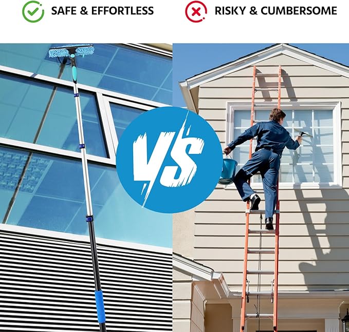 23FT High Reach Window Squeegee & Cobweb Duster with Extension Pole, 2 in 1 Squeegee for Window Cleaning with Lightweight 4-16.5 ft Telescoping Pole, Spider Web Brush with Pole for Outdoor Indoor Car
