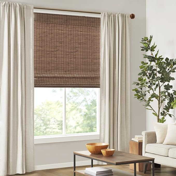 Madison Park Eastfield 100% Bamboo Cordless Roman Shades-Woven Wooden Privacy Panel, Light Filtering Easy Installation Window Blind Treatment, Bedroom, Living Room Decor, 27" W x 64" L, Teak