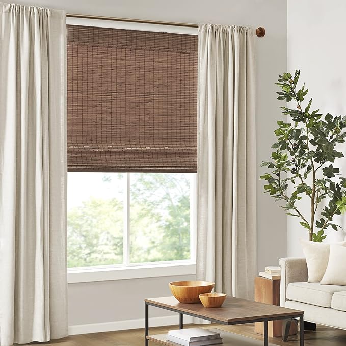 Madison Park Eastfield 100% Bamboo Cordless Roman Shades-Woven Wooden Privacy Panel, Light Filtering Easy Installation Window Blind Treatment, Bedroom, Living Room Decor, 33" W x 64" L, Teak